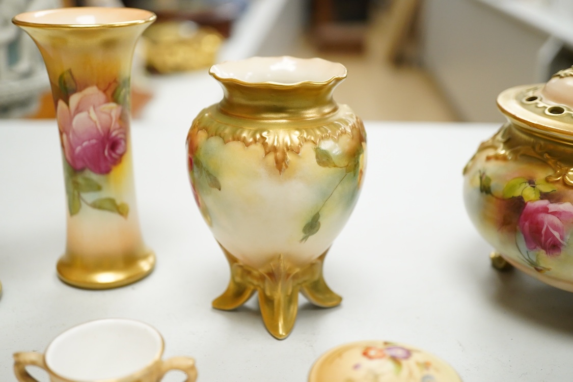 A group of Royal Worcester flower painted porcelain to include a pair vases signed M Hunt and a potpourri, largest 11cm high